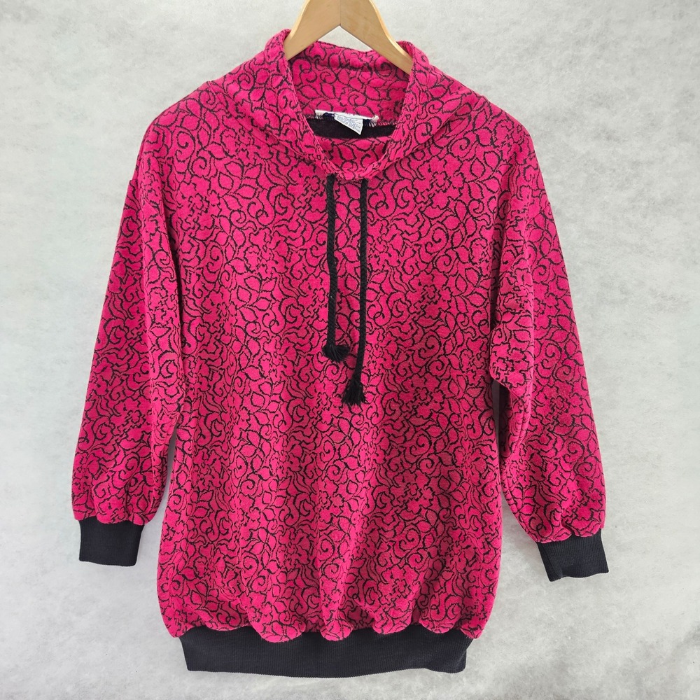 Lady Roi LTD Vintage 80s Pink Black‎ Floral Print Pullover Sweatshirt Small 3/4